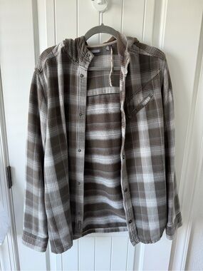 Toad&Co Brown and Cream Plaid Lightweight Hooded Shirt Jacket